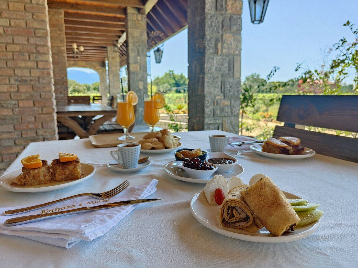 Breakfast spread on the terrace overlooking the vineyard